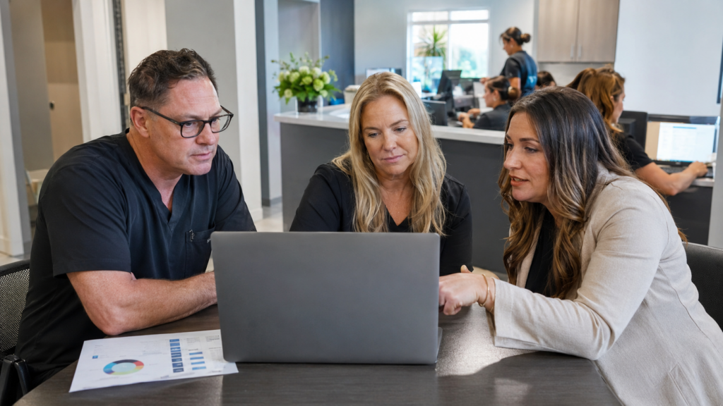 Dental practice owner reviewing insurance AR and claims data with a revenue-cycle consultant.